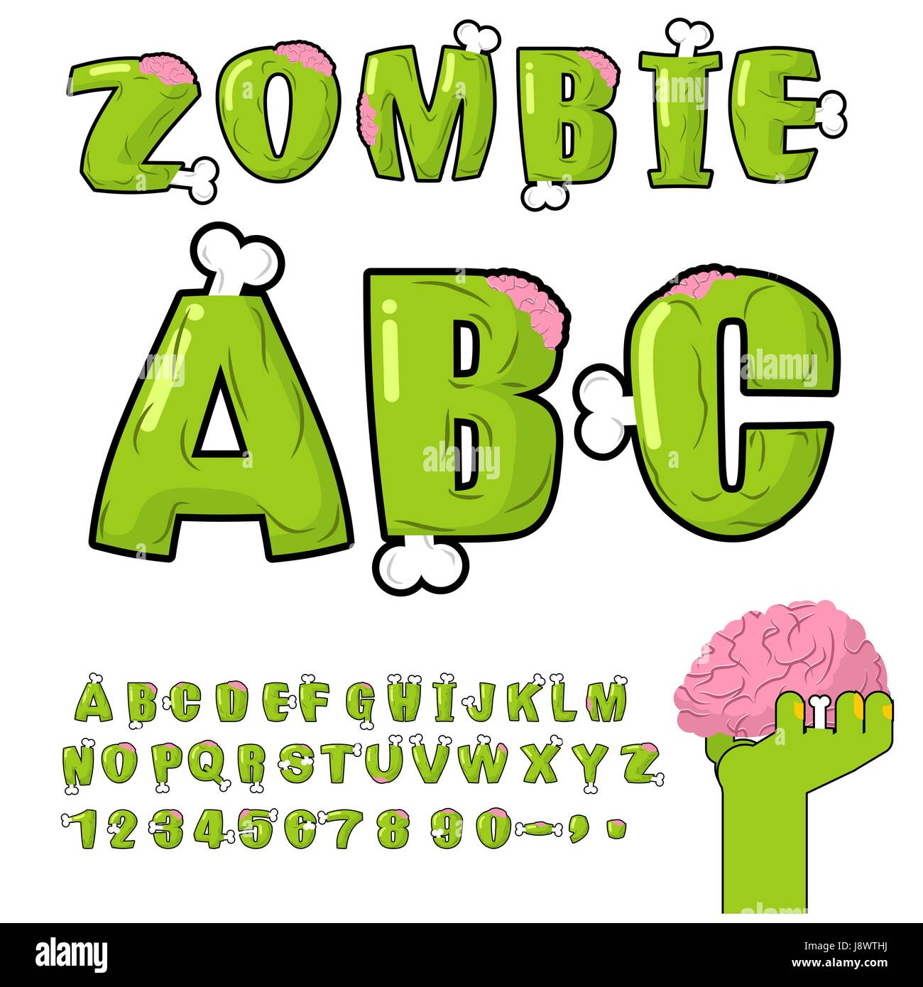 Zombie ABC. Knochen und Gehirn. Horror-Mii-Schriftart. Lebende Tote Alphabet. Grüne schreckliche Brief. Unheimliche Lettring. Unheimlich Reihe von Briefen Stock Vektor