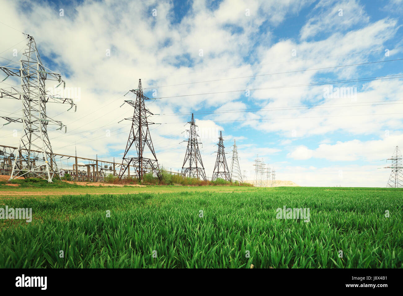 Gruppe von elektrischen Leitungen auf Sommer Himmelshintergrund. Elektrische Türme im grünen Feld an sonnigen Tag Stockfoto