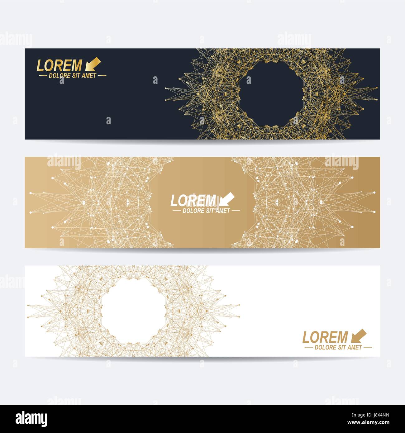 Moderne Reihe von Bannern, Vektor. Molekül und Kommunikation Hintergrund. Geometrische abstrakte runden goldenen Formen. Angeschlossene Leitung mit Punkten. Grafischen Komposition für Medizin, Wissenschaft, Technik, Chemie Stock Vektor