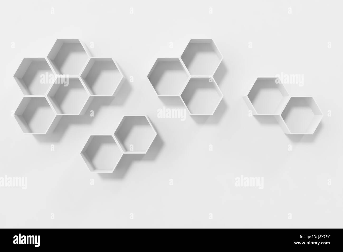 Leere weiße Wand mit Sechseck Regale an der Wand. 3D-Rendering Stockfoto