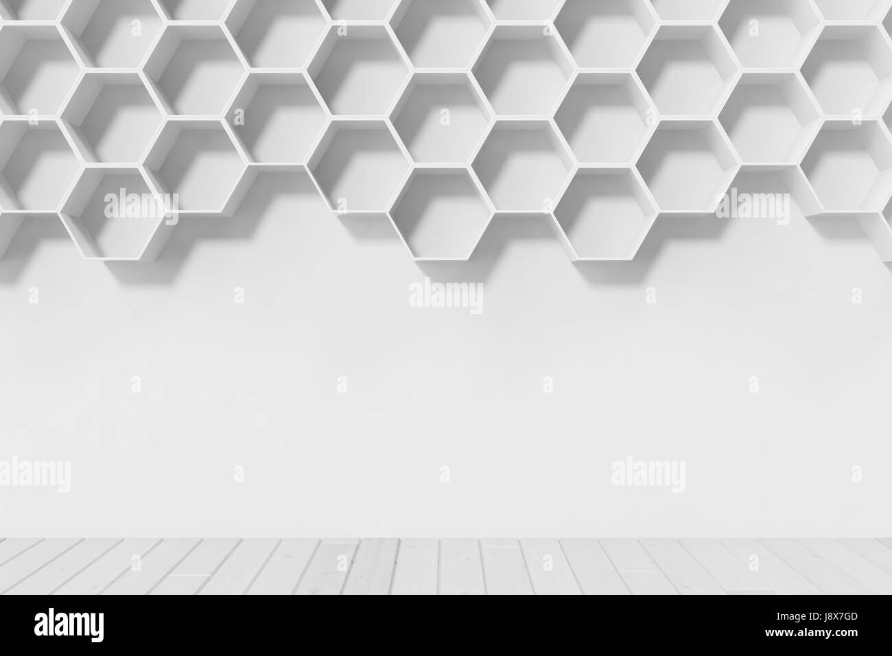 Leere weiße Wand mit Sechseck Regale an der Wand. 3D-Rendering Stockfoto