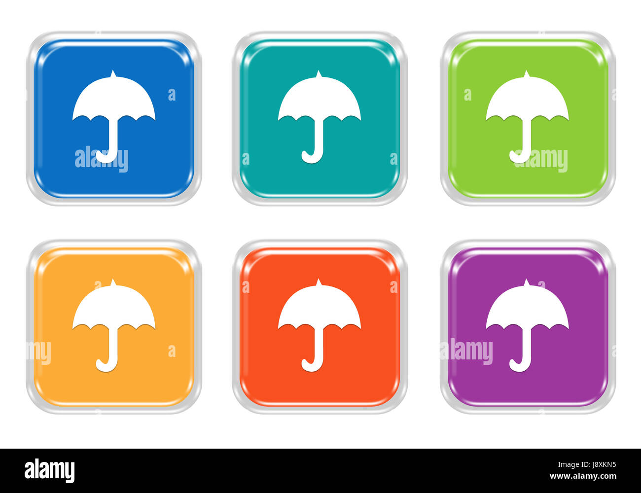 Satz von quadratischen bunten Tasten mit Regenschirm-Symbol in blau, grün, gelb, orange und lila Farben Stockfoto