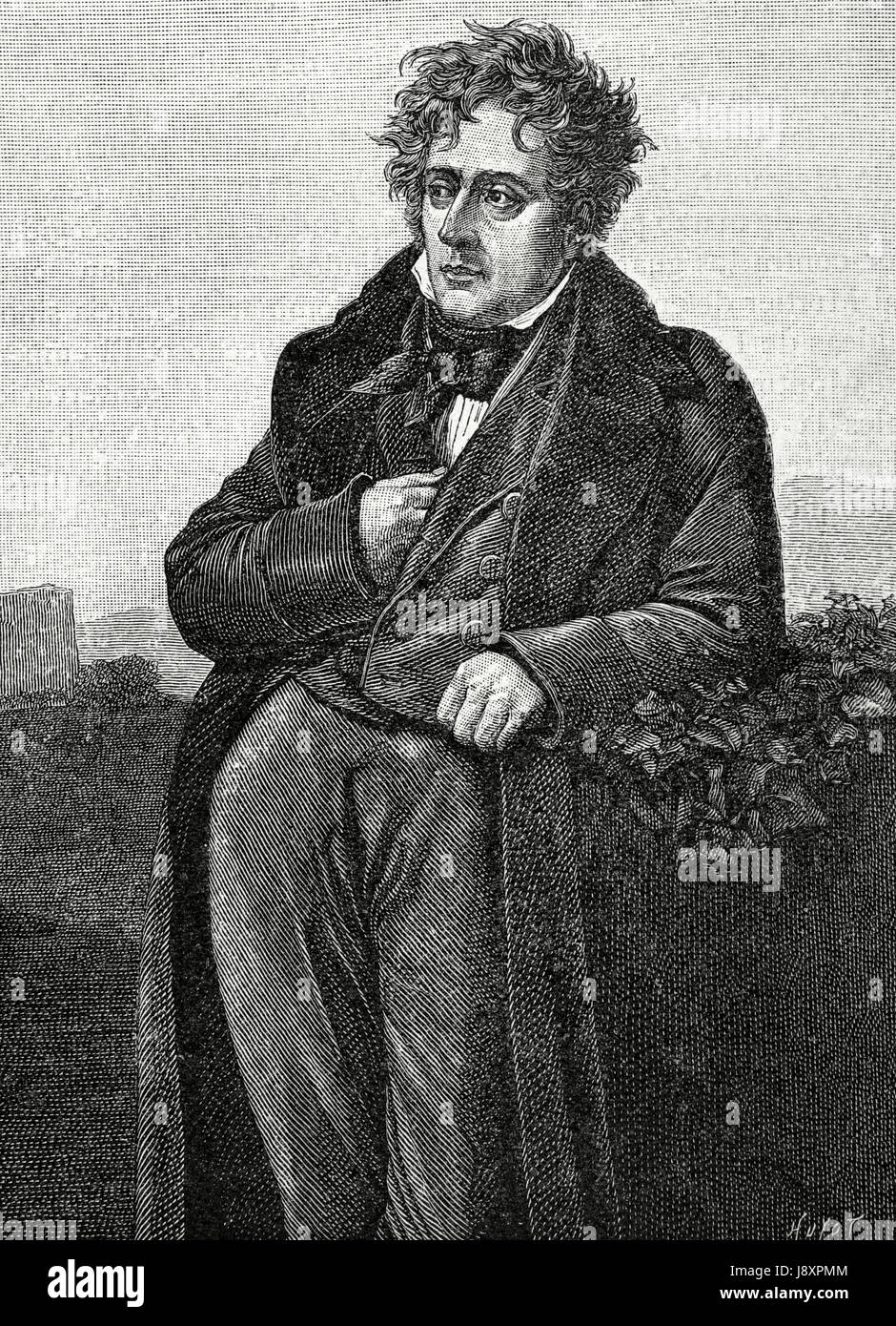 Chateaubriand, François René, Vicomte de (1768-1848). Französischer Schriftsteller und Mitglied der französischen Akademie (1811). Porträt. Kupferstich von Huyot. "Historia de Francia", 1883. Stockfoto