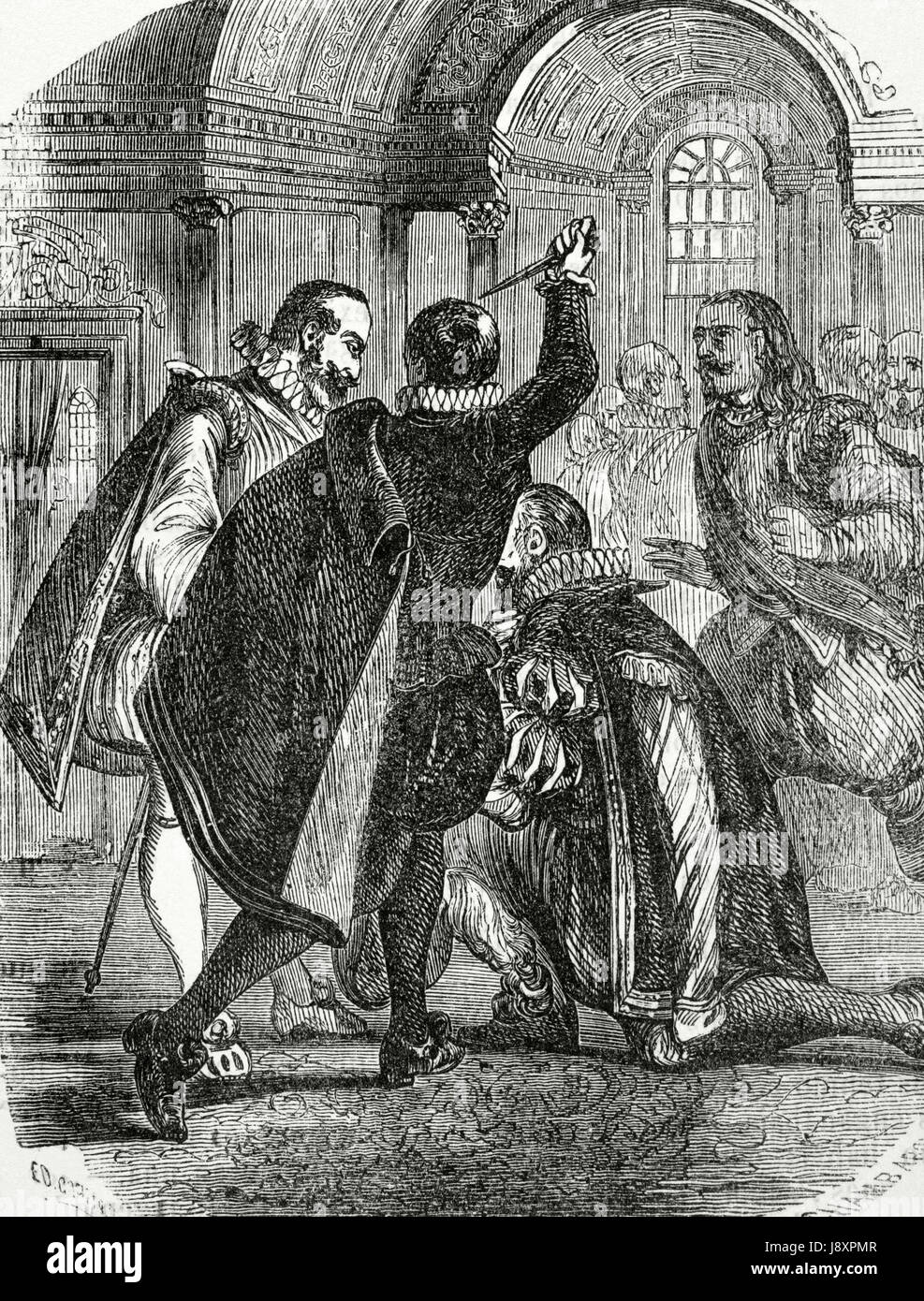Attentat auf König Heinrich IV. von Frankreich (1553 – 1610) von Jean Chatel (1575-1594) auf Dezember 1594. Kupferstich von Chamb Aron, 1851. Stockfoto
