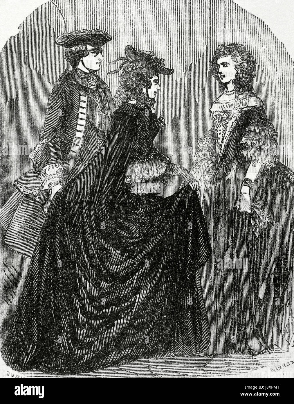 König Louis XV von Frankreich (1710 – 1774) neben seiner Geliebten Marie-Anne von Mailly-Nesle, Herzogin von Chateauroux (1717-1744), Abschied von der Königin Maria Leszczynska (1703-1768). Kupferstich von Dupré, 1851. Stockfoto