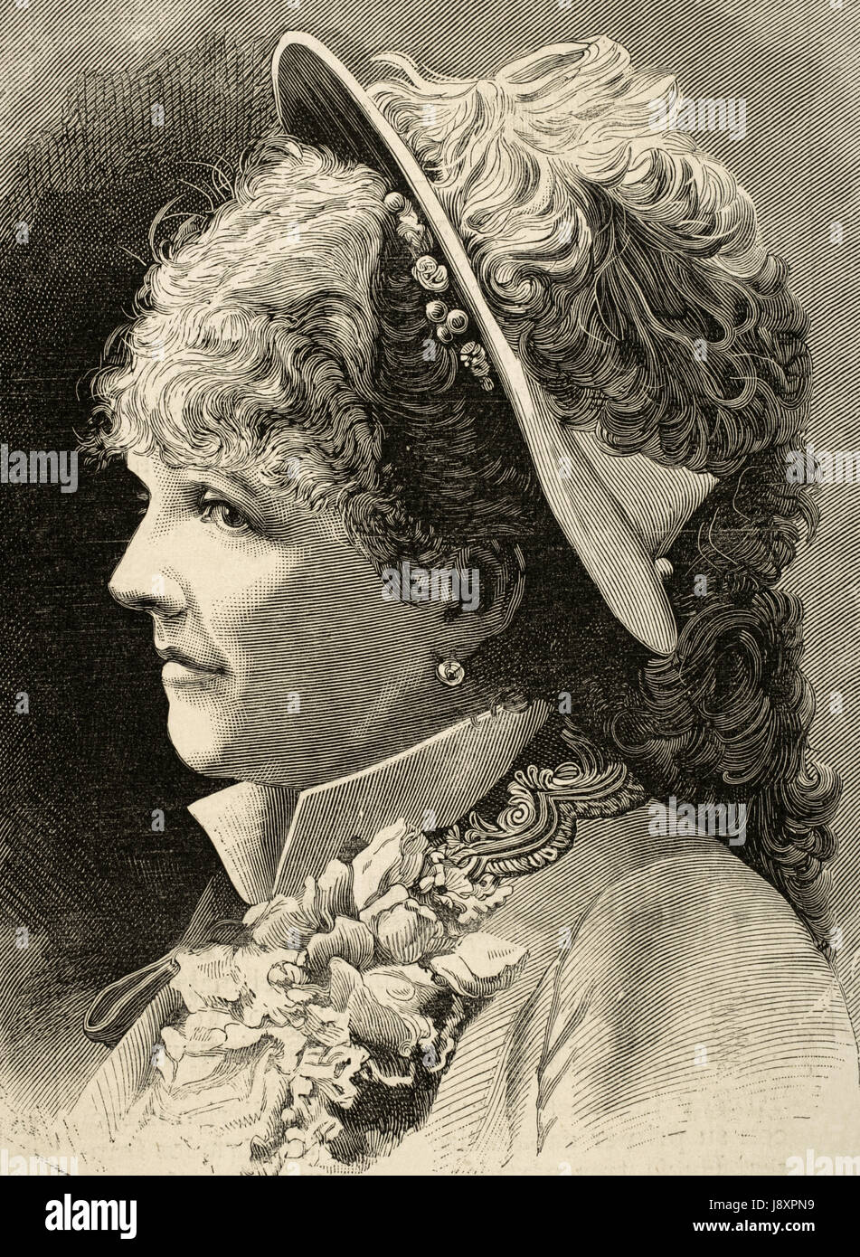 Celine Chaumont (1848-1926). Französische Operette Sänger. Porträt. Kupferstich von Hood. "La Ilustracion Espanola y Americana", 1883. Stockfoto