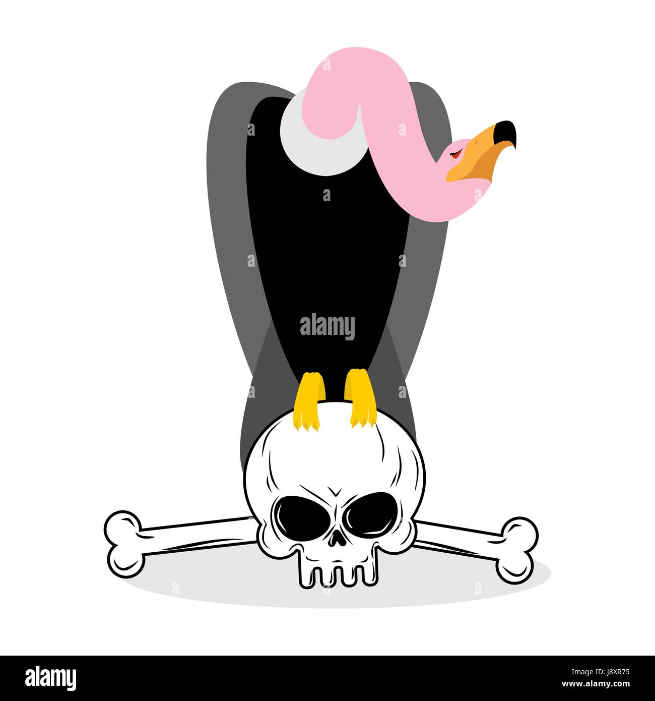 Geier auf Schädel sitzen. Condor-Scavenger-Vögel und Knochen. Griffon und Reste des Skeletts Stock Vektor