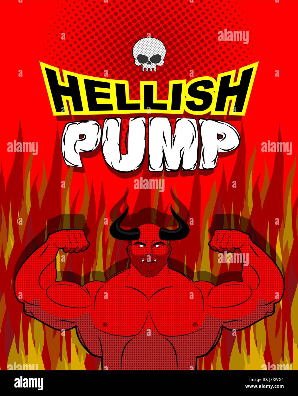 Höllische Pumpe. Satan Bodybuilder mit riesigen Muskeln. Training mit dem Teufel im Fegefeuer. Rote Sportler mit langen Hörnern. Fitness-Studio in Gehenna Feuer. Teuflischen pu Stock Vektor