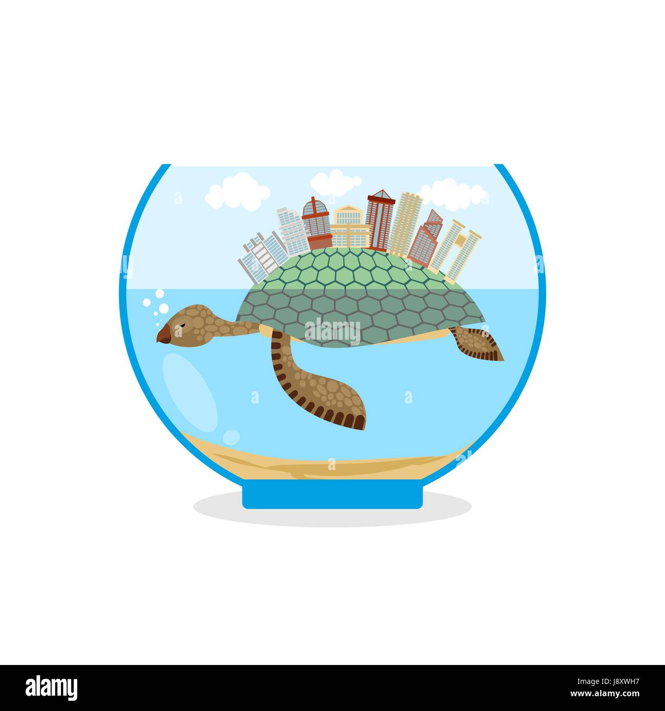 Mini-Stadt auf der Schale der Schildkröte. Mikro-Ökosystem in einem Aquarium. Wolkenkratzer und öffentliche Gebäude am Meer Tier. Winzige Wohnquartier. Stock Vektor
