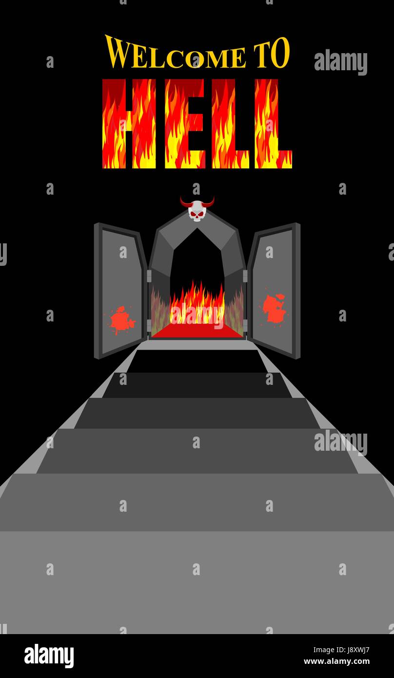 Herzlich Willkommen Sie in der Hölle. Treppe zur Hölle. Eisen schwarz Tore der feurigen Fegefeuer. Tür zum Teufel, Satan. Treppe im Dungeon. Abstieg in die tiefen, dunklen Höhle. Vektor Stock Vektor