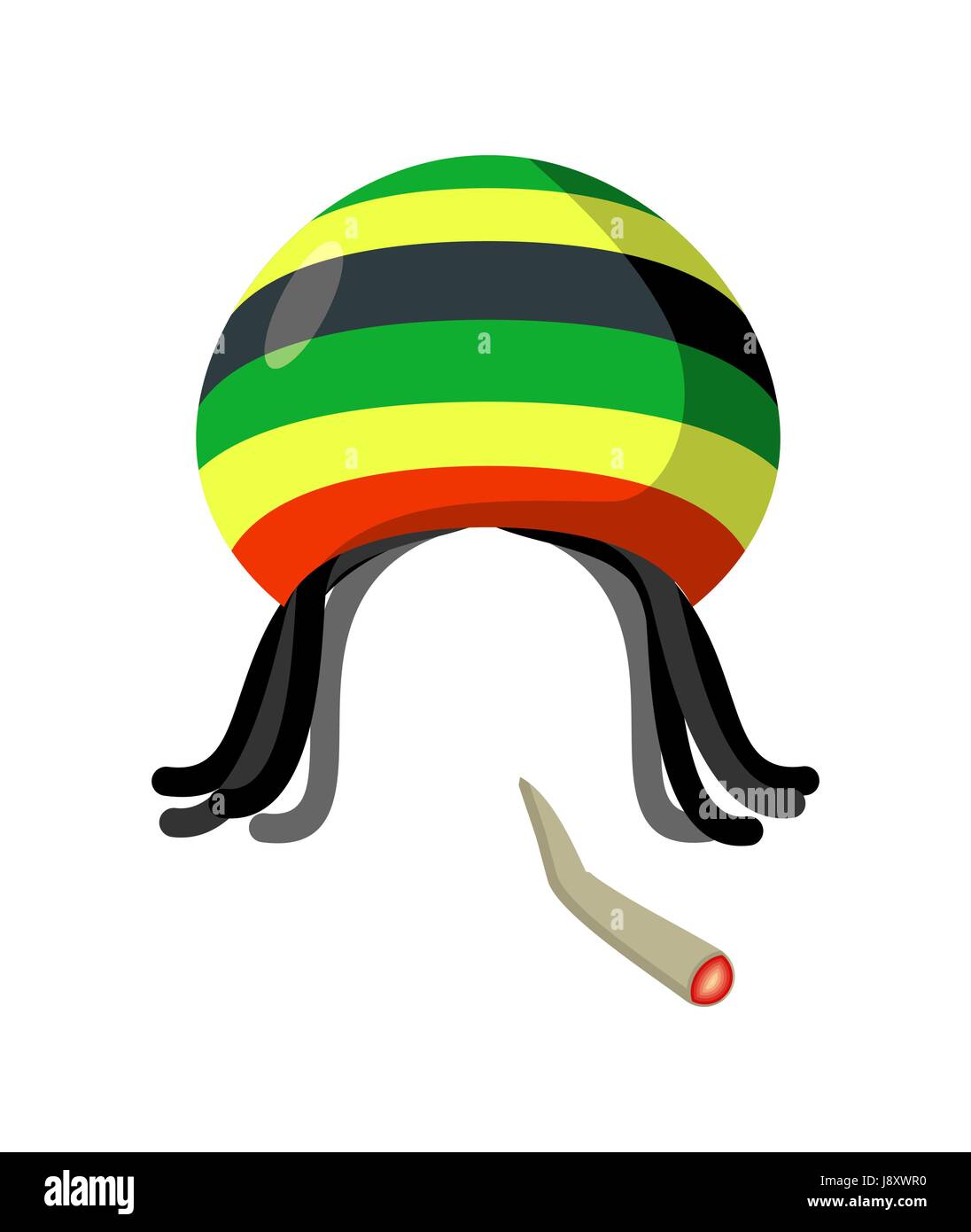 Rasta Mütze mit Dreadlocks auf weißem Hintergrund. Spliff Rauchen Droge Cannabis. Jamaikanische Hut Stock Vektor