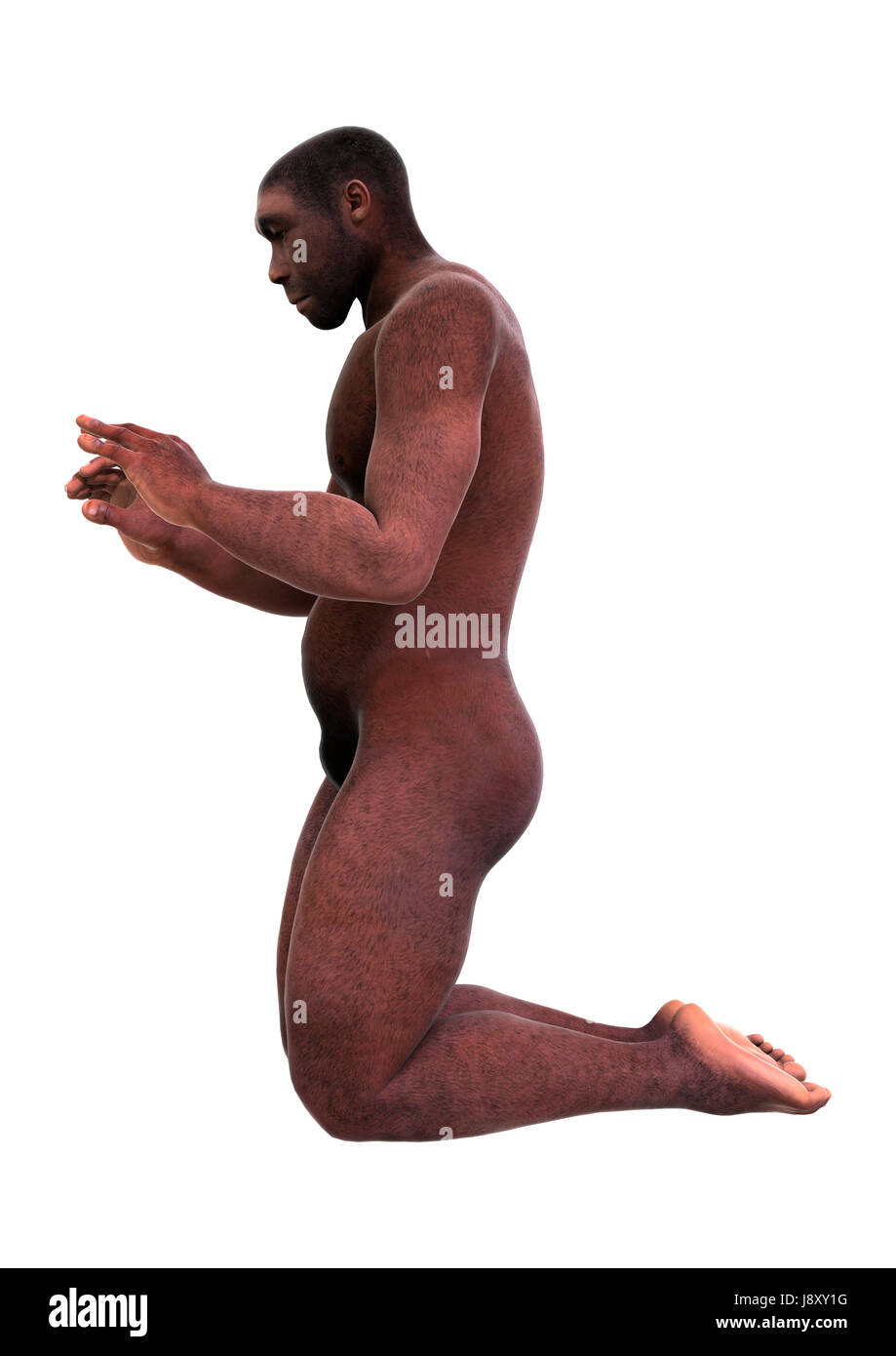 3D-Rendering einer männlichen Homo erectus isoliert auf weißem Hintergrund Stockfoto