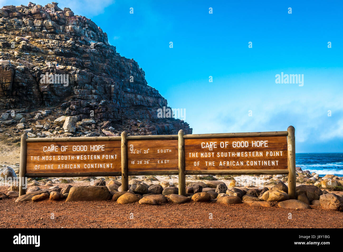 Information Board, Längen- und Breitengrad, Kap der Guten Hoffnung, Cape Peninsula, Western Cape, Südafrika, südwestlichste Punkt afrikanischen Kontinent Stockfoto