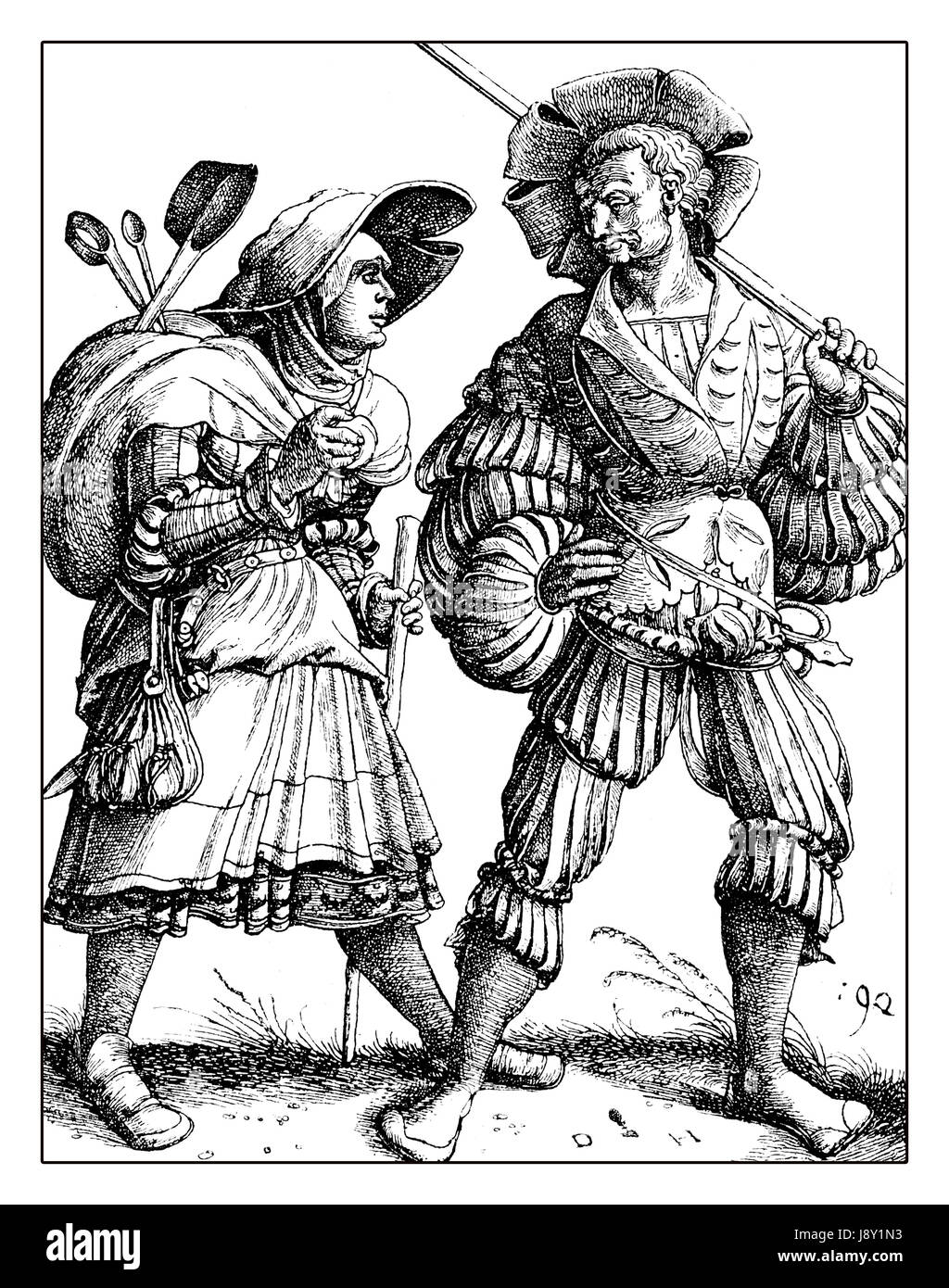 Lansquenet Söldner gonna Krieg mit seiner Frau, Porträt von Daniel Hopfer, XVI. Jahrhundert. Die Landsknechte waren gewaltige und bunten Soldaten zu Fuß in der deutschen Renaissance-Zeit. Stockfoto