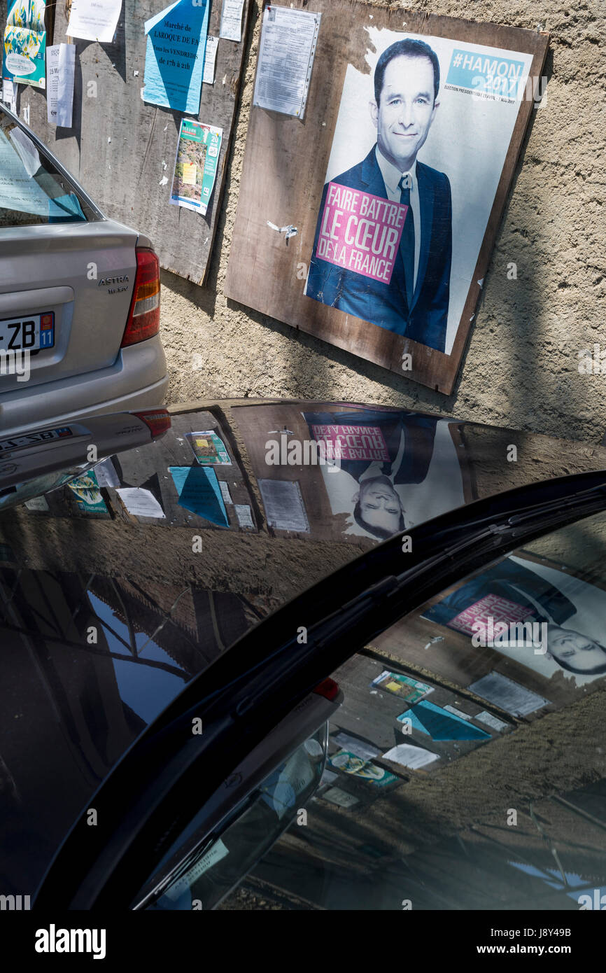 Präsidentschaftskandidat der französischen sozialistischen Partei Benoît Hamon Plakat am 26. Mai, 2017 in Termes, Languedoc-Roussillon, Südfrankreich Stockfoto