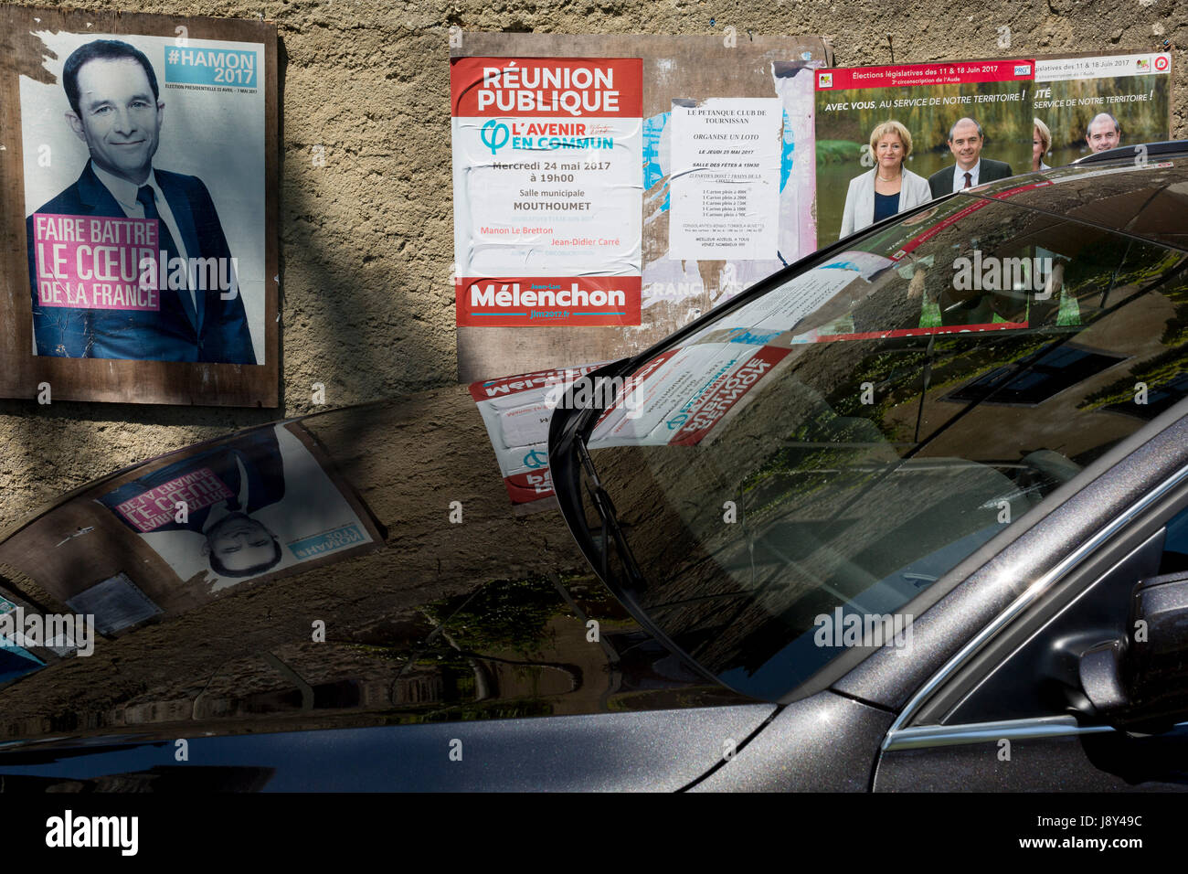 Präsidentschaftskandidat der französischen sozialistischen Partei Benoît Hamon Plakat am 26. Mai, 2017 in Termes, Languedoc-Roussillon, Südfrankreich Stockfoto