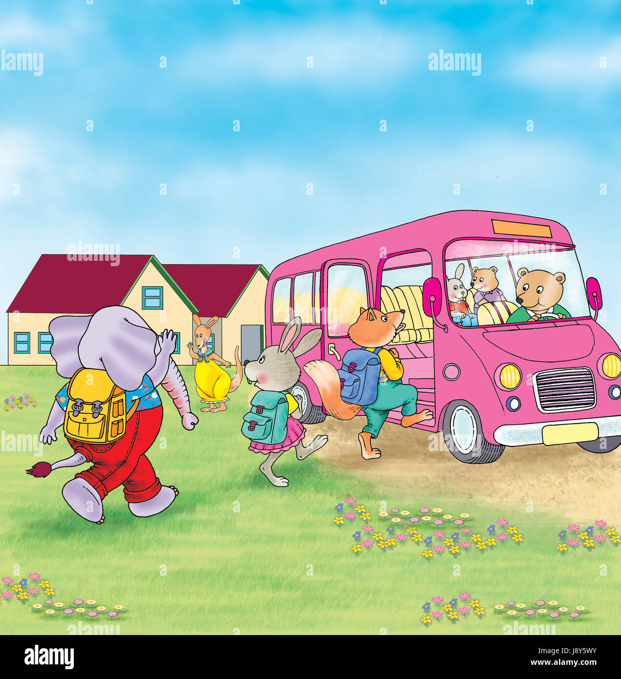 Gruppe von Tierbabys immer auf Schulbus Stockfoto