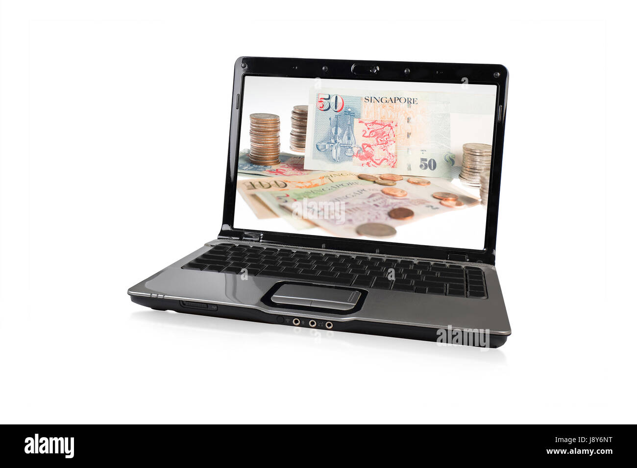 Laptop mit Money-Bildschirms. Isoliert auf weißem Hintergrund Stockfoto