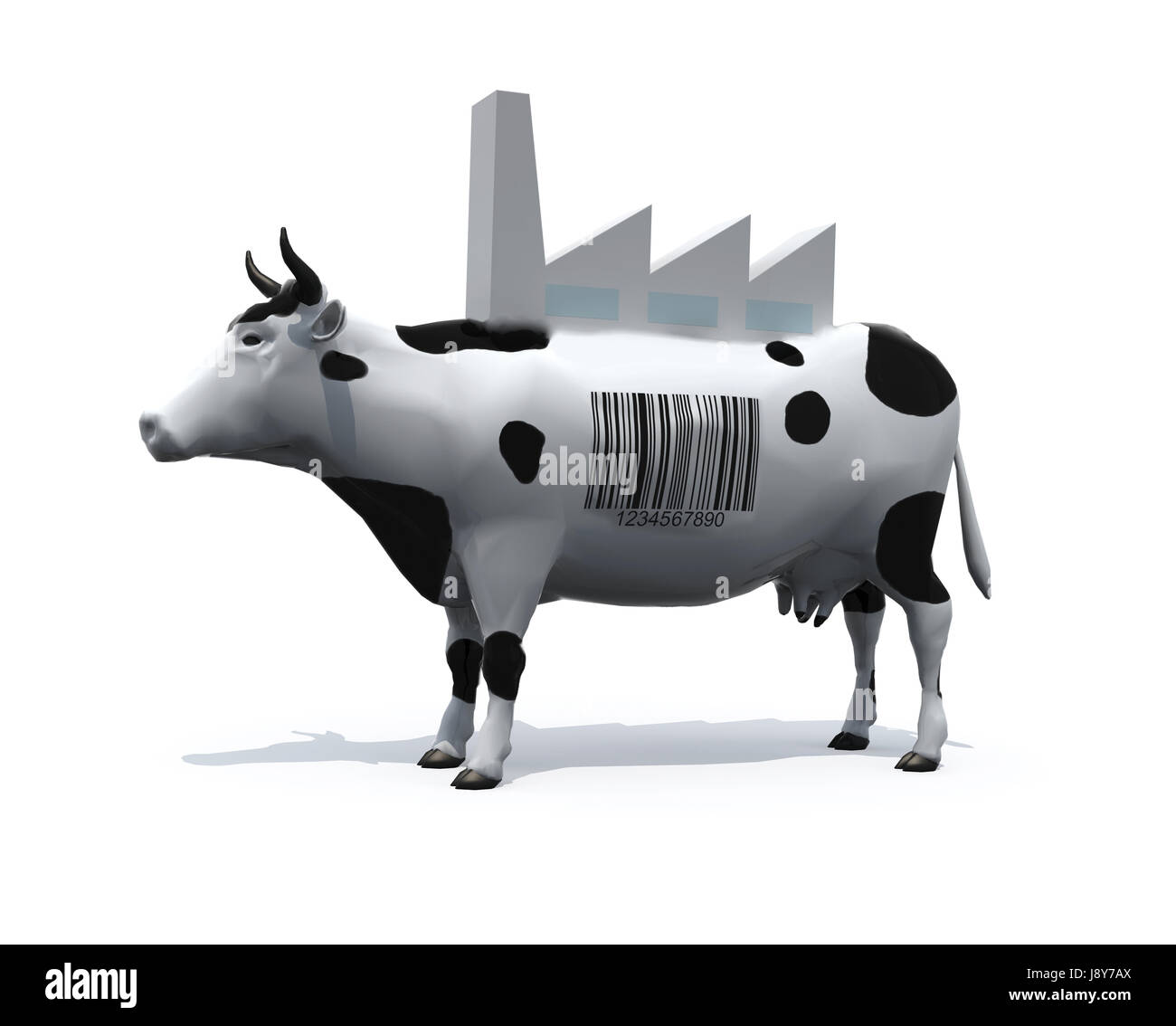 Kuh mit einem Barcode auf Haut und einer Fabrik auf dem Rücken, 3d illustration Stockfoto