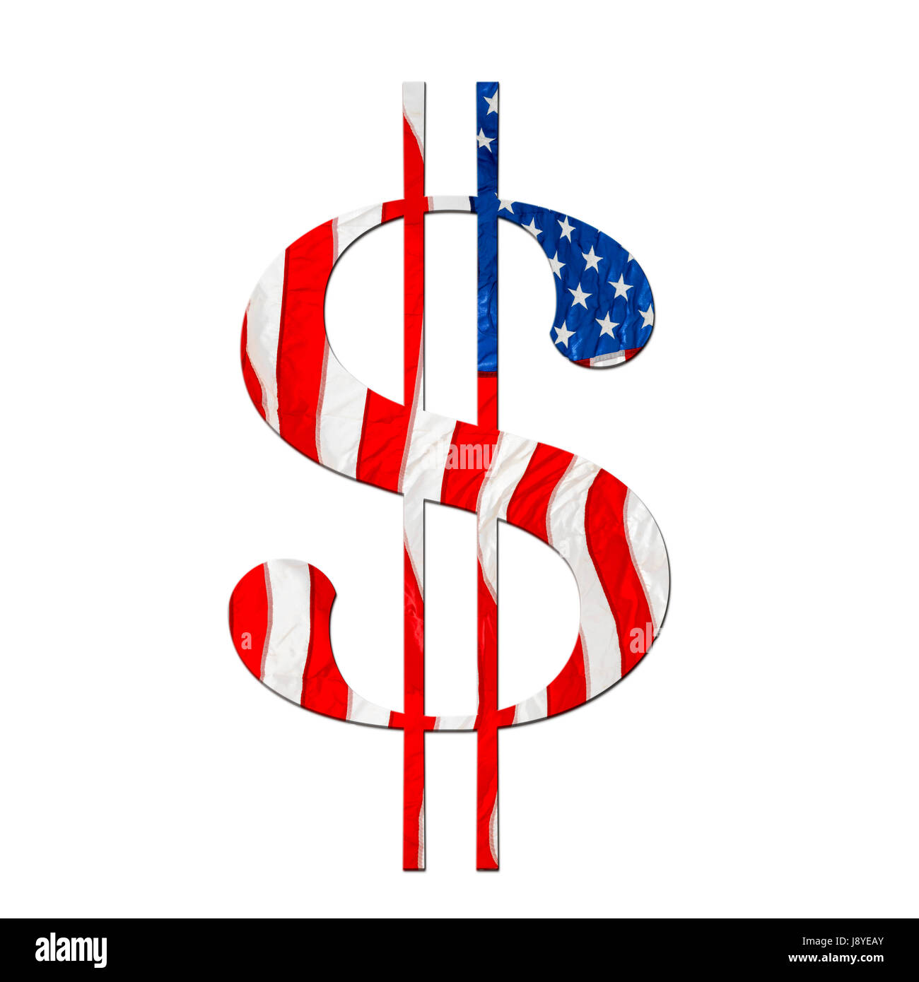 Amerikanische Dollar-Symbol in der Nationalflagge, vor dem weißen Hintergrund isoliert verpackt Stockfoto