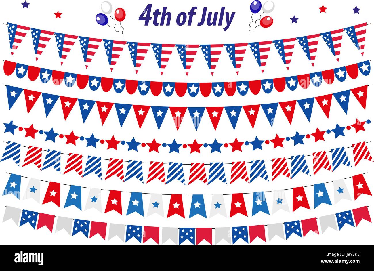 American Independence Day Feier in USA gesetzt, Wimpel, Flaggen, Girlande. Sammlung von dekorativen Elementen für Juli 4. Nationalfeiertag. Vektor-Illustration, ClipArt-Grafiken. Stock Vektor