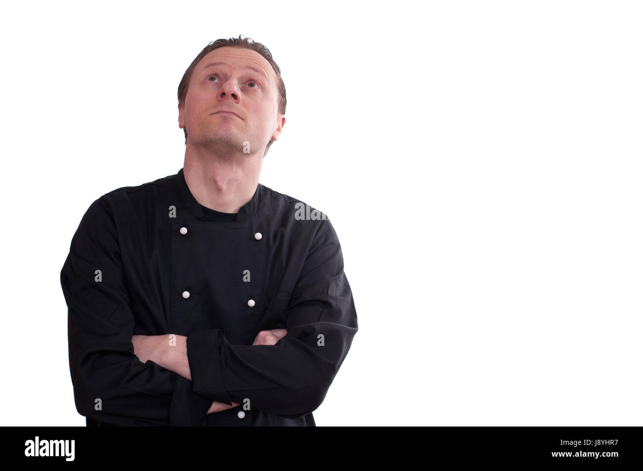 im Obergeschoss, meditieren Sie, freundliche Art, Koch, Rutschen, Fachberatung, skeptisch, Stockfoto