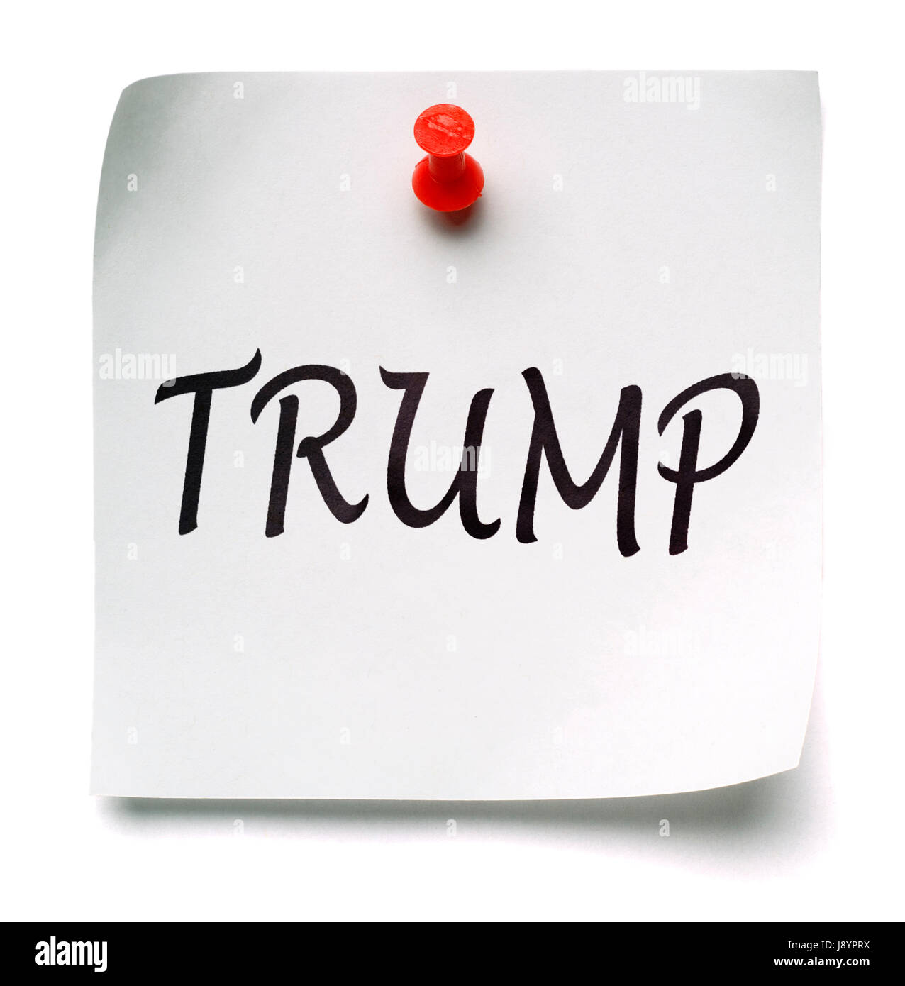 TRUMPF! gelbe Notizzettel, isoliert auf weiss Stockfoto