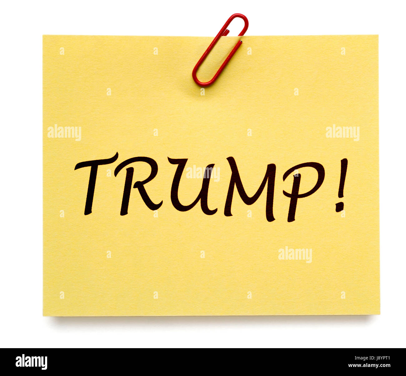 TRUMPF! gelbe Notizzettel, isoliert auf weiss Stockfoto