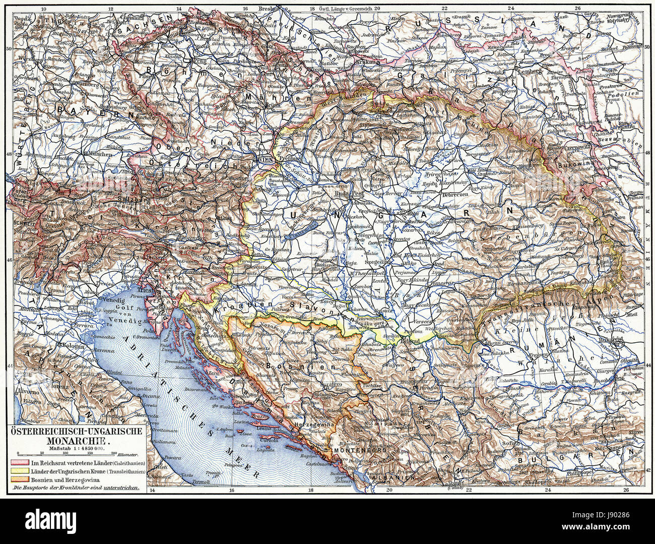 Österreich, Ungarn, reich, Monarchie, Geographie, Kartographie, Ort, Stadt, Farbe, Stockfoto