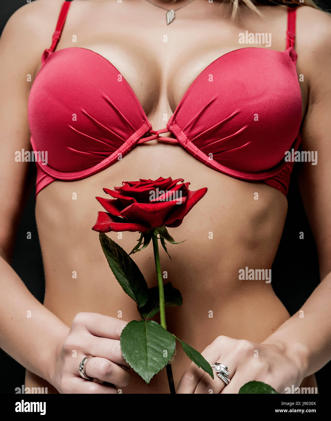 weibliche Brust mit roter rose Stockfoto