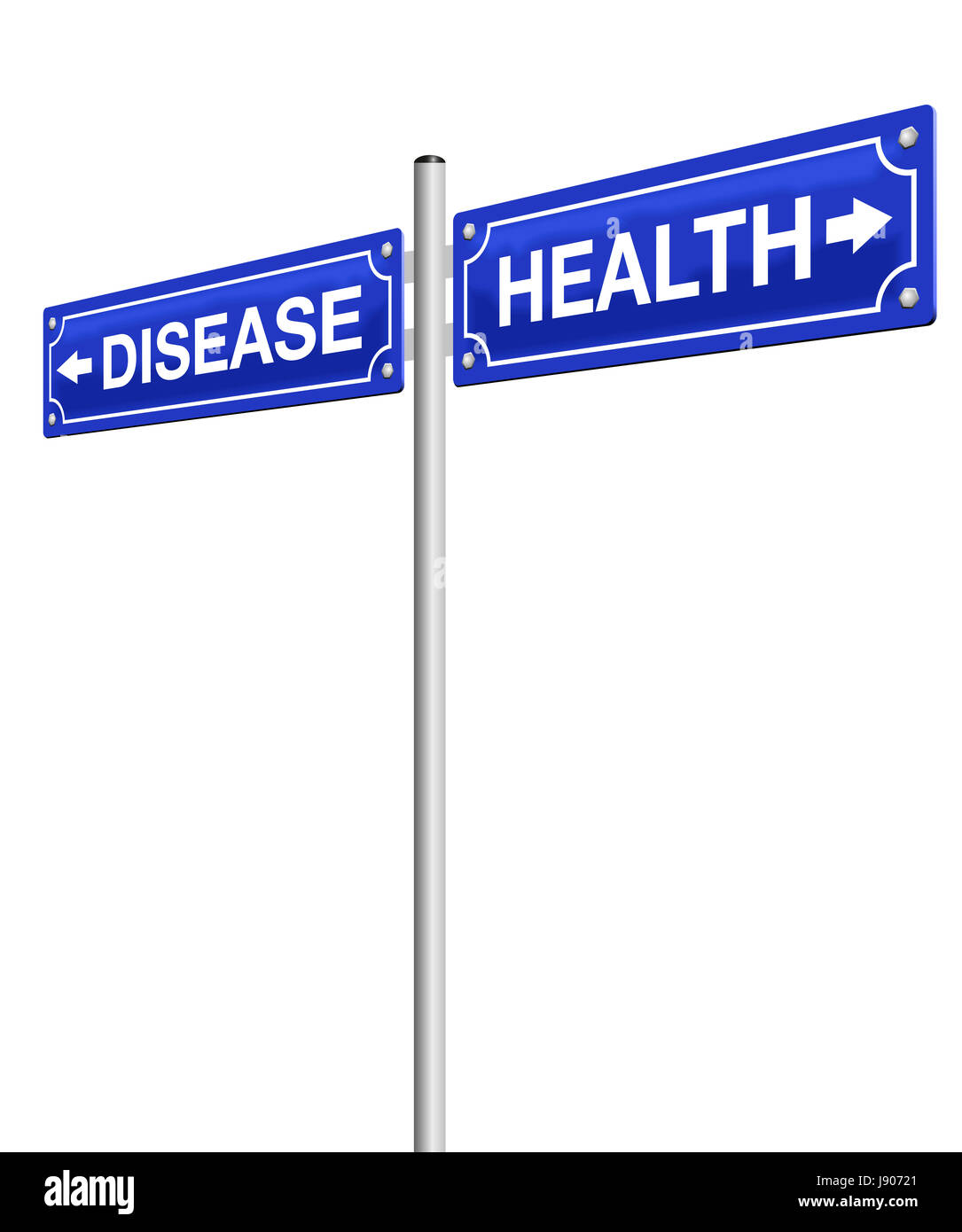 Gesundheit und Krankheit, geschrieben am Wegweiser in entgegengesetzte Richtungen.  Abbildung auf weißem Hintergrund. Stockfoto