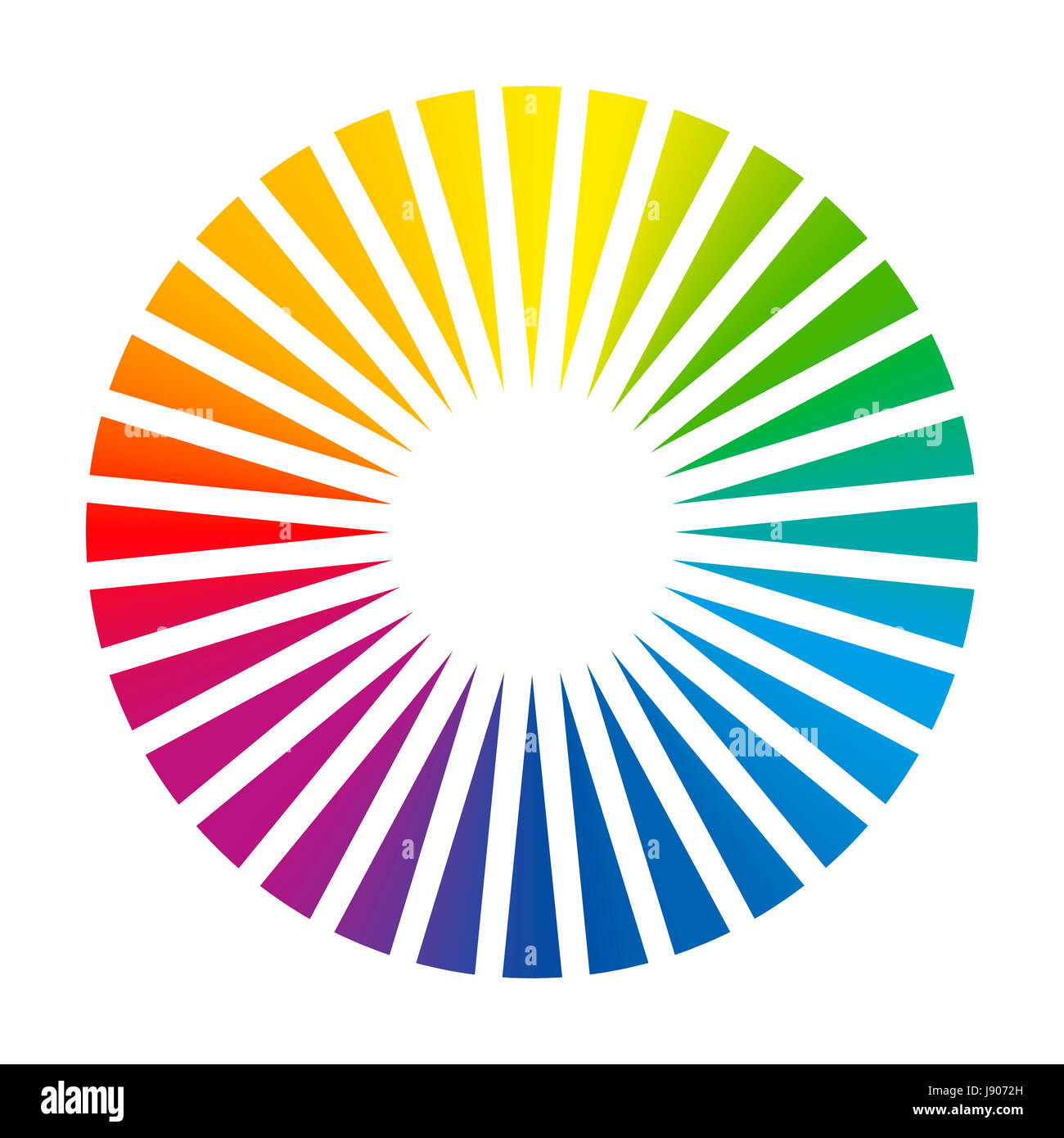 Farbkreis - Runde Farbe Farbfächer mit 32 verschiedenen farbigen Dreiecke, die dazu führen, einen brillanten weiße leuchtende Zentrum, eine optische Täuschung dass. Stockfoto