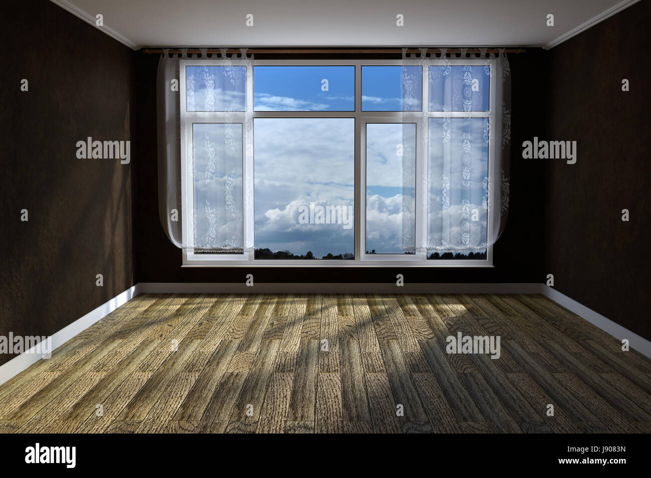 3D-Rendering des leeren unmöbliert Wohnzimmer mit rustikalen hölzernen Fußboden und Grunge Wandverkleidung Stockfoto