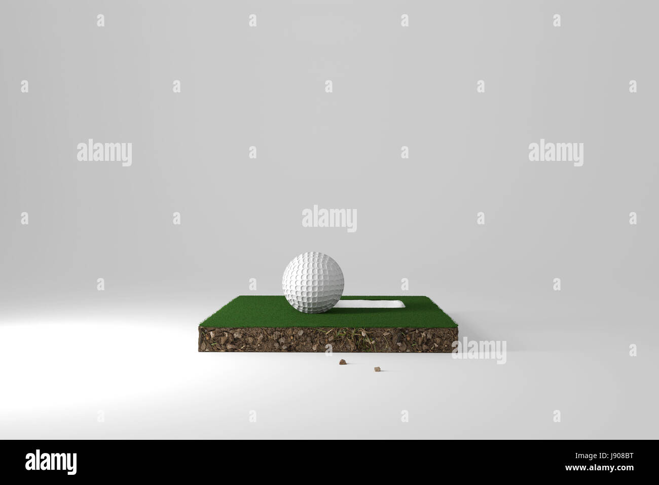 3D-Rendering des Querschnitts vom Golfplatz mit Ball und Loch auf Sie Stockfoto