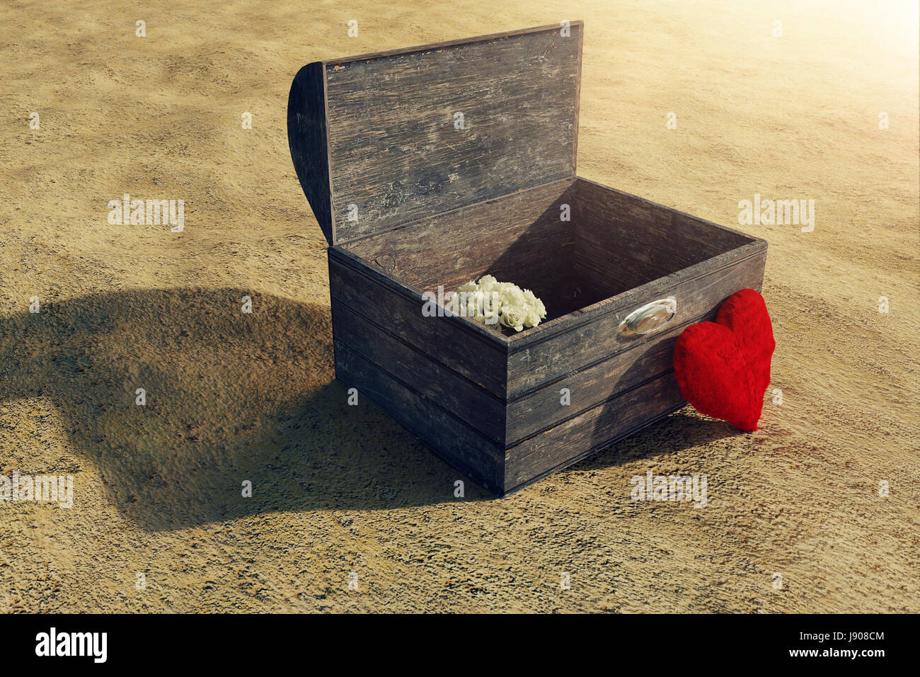 3D Rendering von hölzernen Schatz und flauschige rotes Herz Stockfoto