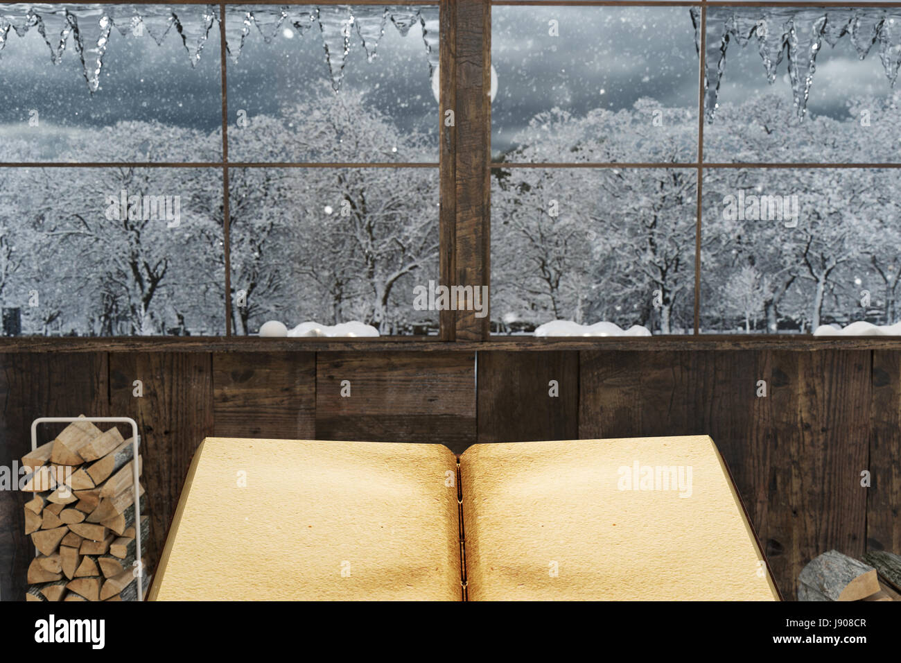 3D-Rendering des alten leeres Buch vor der Holzhaus und malerischen Winterlandschaft Stockfoto