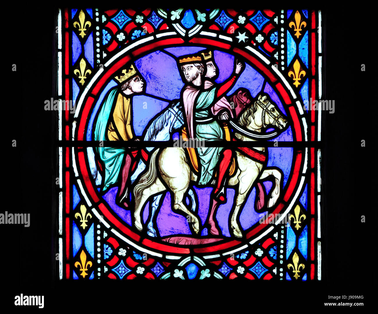Nativity Fenster, Glasfenster, Oudinot von Paris, 1861, Feltwell Kirche, Norfolk.  Die Heiligen drei Könige, 3 drei Könige zu reisen, um den neugeborenen Jesus besuchen Stockfoto