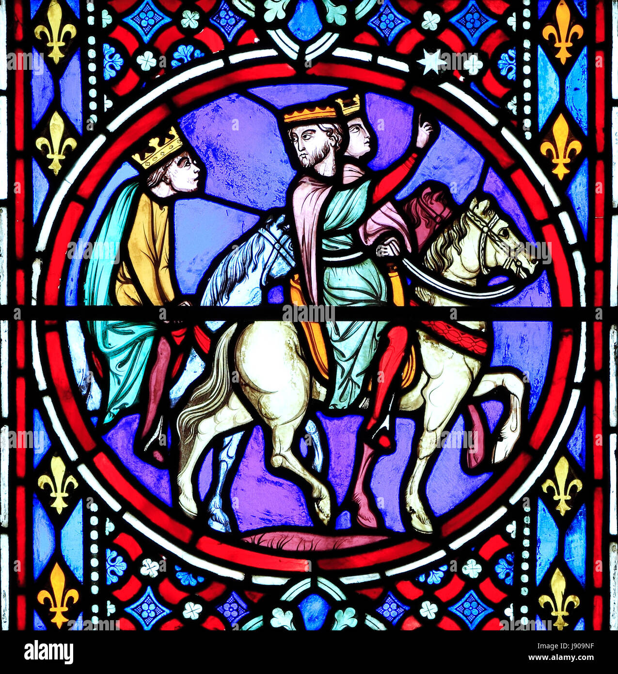 Nativity Fenster, Glasfenster, Oudinot von Paris, 1861, Feltwell Kirche, Norfolk.  Die Heiligen drei Könige, 3 drei Könige zu reisen, um Neugeborene Je Besuch Stockfoto