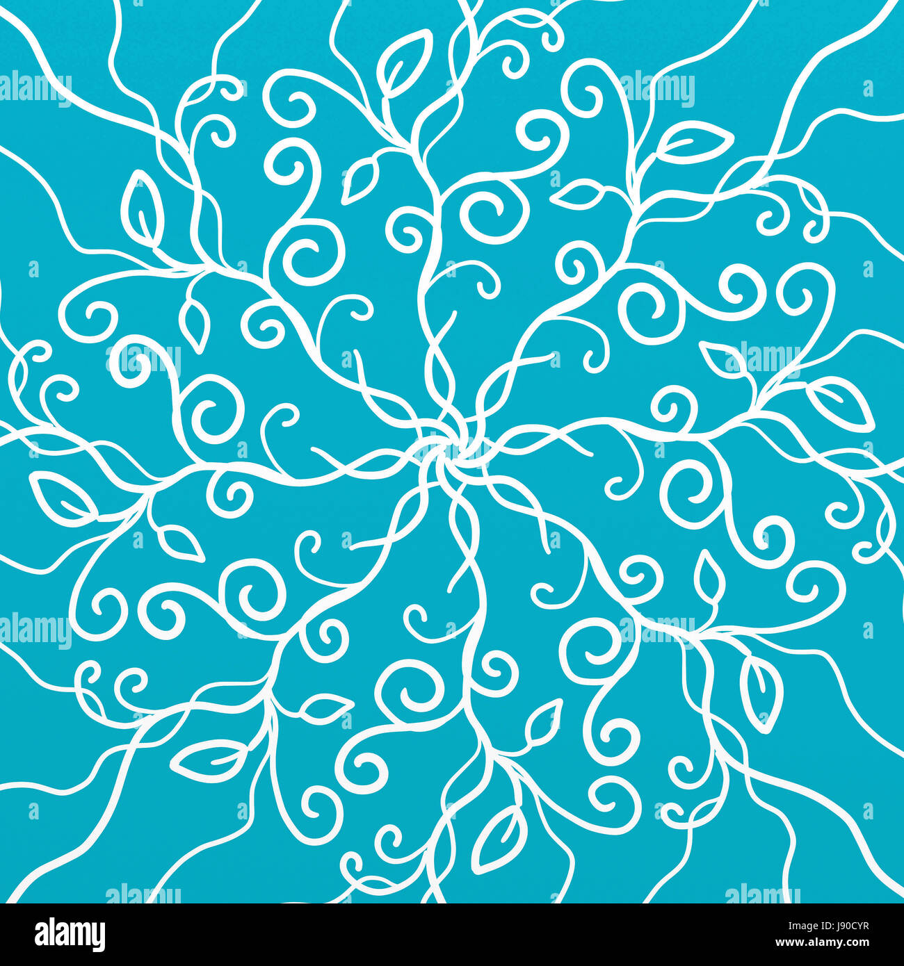 ausgefallener blauer Hintergrund mit weißen Linien Reben locken wirbelt Scrollwork oder blüht in symmetrischen Kaleidoskop Muster, ziemlich reich verzierten design Stockfoto