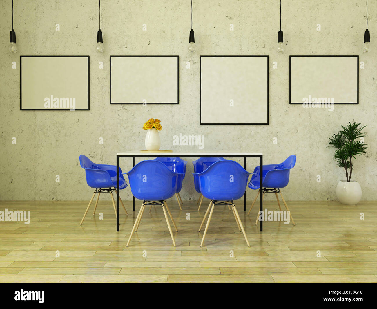 Schöner Esstisch mit blauen Stühlen auf Holzboden vor einer Betonwand mit Bilderrahmen und abgehängte Leuchten Stockfoto