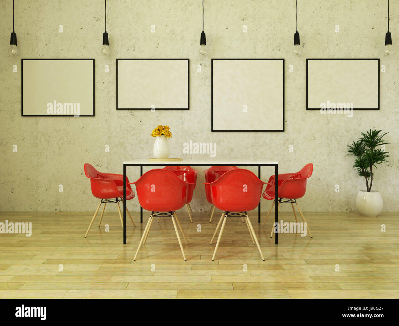 Schöner Esstisch mit roten Stühlen auf Holzboden vor einer Betonwand mit Bilderrahmen und abgehängte Leuchten Stockfoto