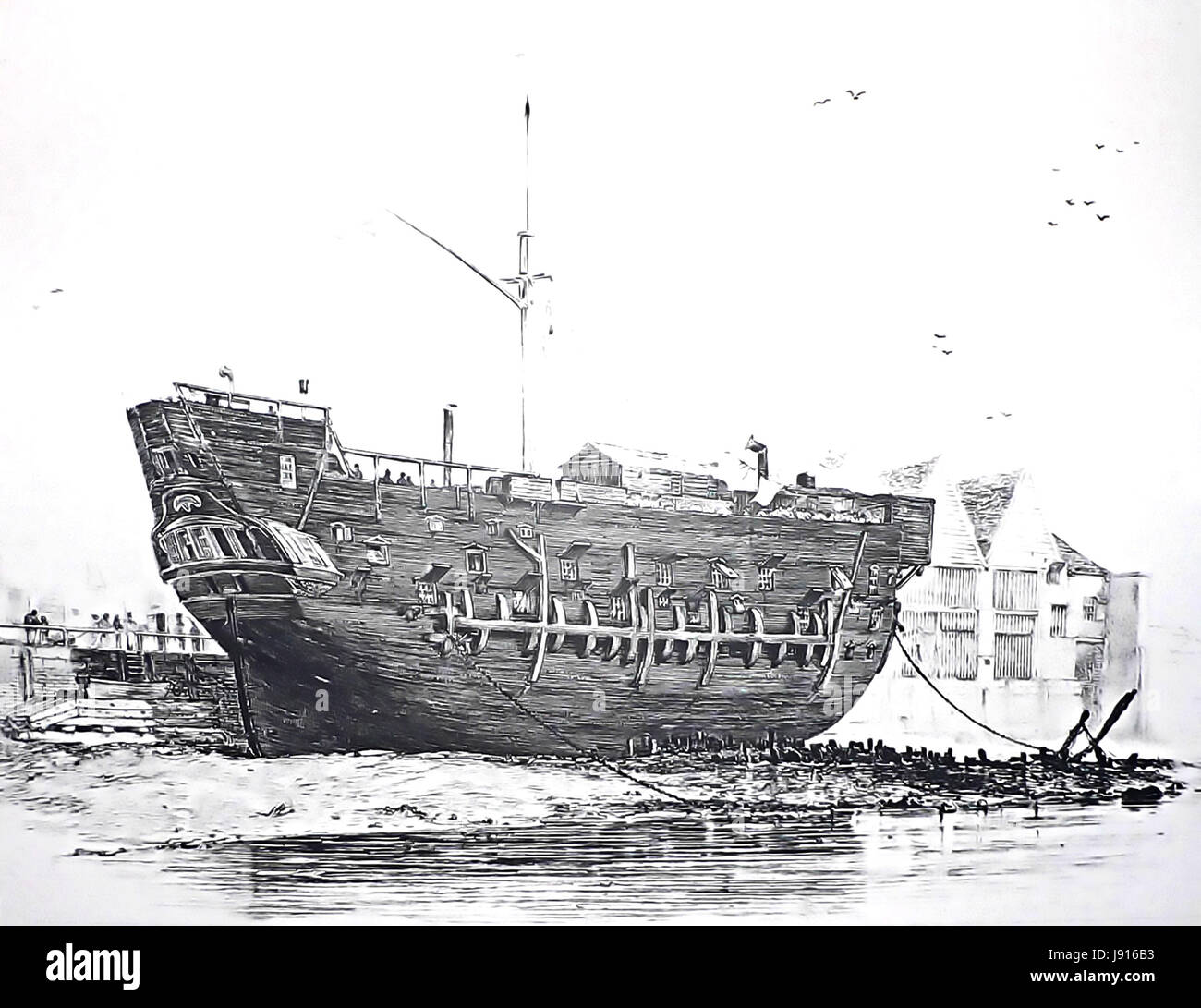 GEFÄNGNIS HULK. HMS Discovery, eine ehemalige 10-Kanonen Schaluppe, im Einsatz als Gefängnisschiff in Deptford, Kent, ca. 1825 Stockfoto