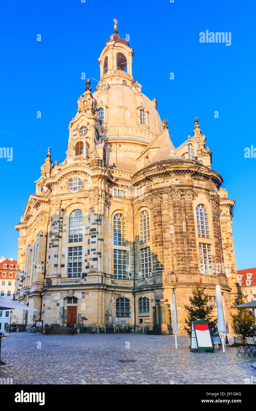 Dresden, Deutschland. Frauenkirche Dom am Morgen. Stockfoto