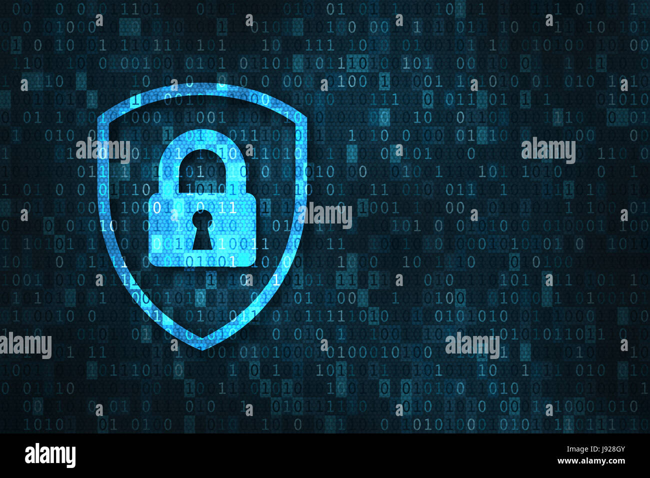 Cyber-Sicherheit und Datenschutz Schutzkonzept mit Symbol aus einem Schild und Schloss über Binärziffern Hintergrund Stockfoto