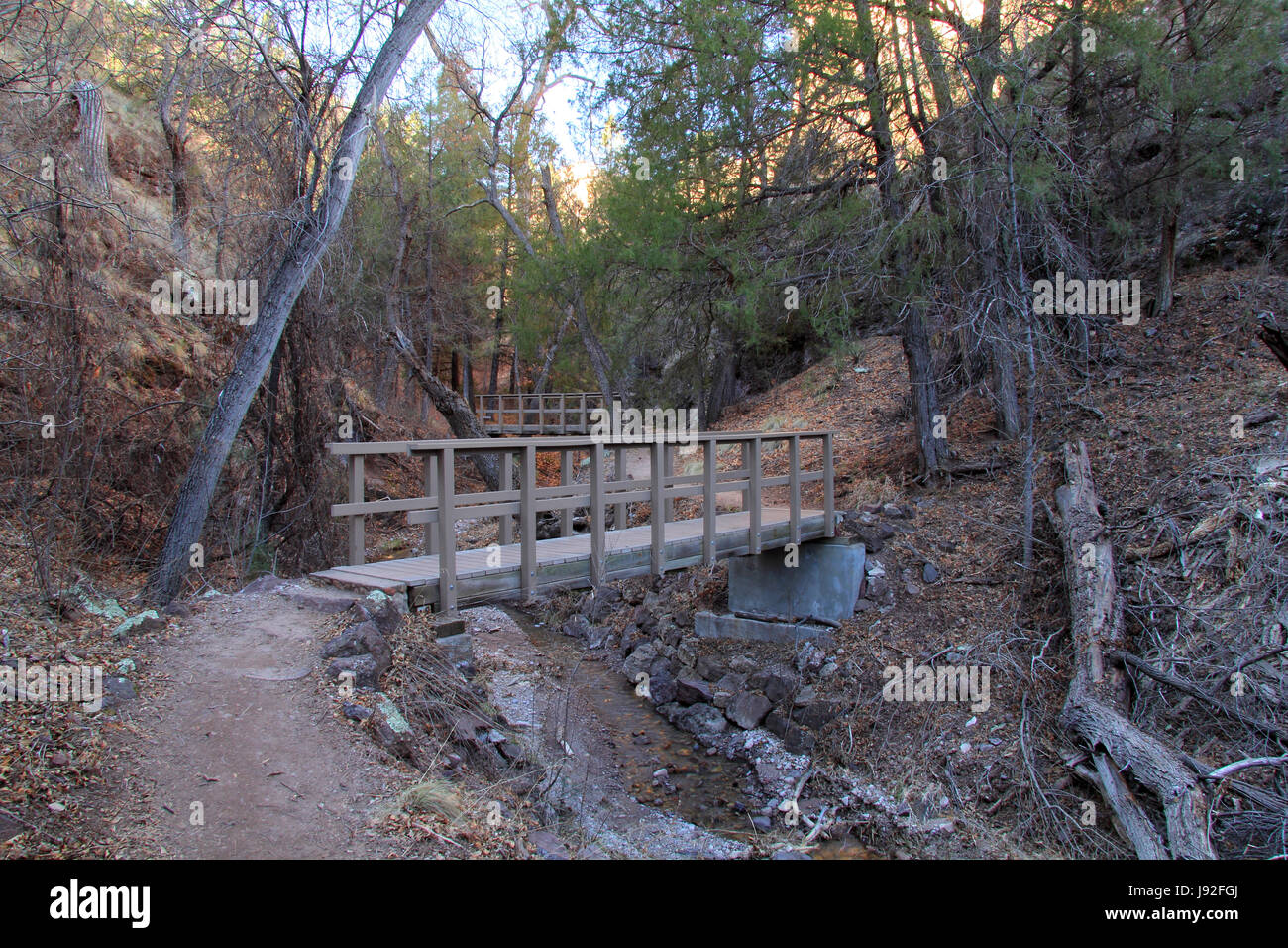 Gila Cliff Dwellings National Monument in New Mexico enthält Freizeit Wanderwege, ursprüngliche indianische Kunst und archäologischen Ruinen Stockfoto