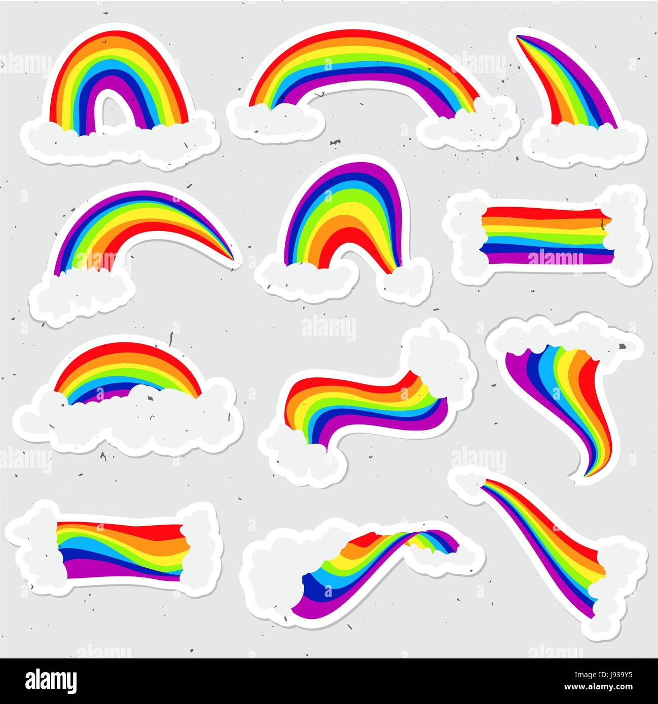 Niedlichen Regenbogen Aufkleber Vektor-Set. Regenbogen Cartoon Aufkleber-Abbildung mit Wolken im Himmel. Hand zu ziehen Süße Regenbogen und Cloud-Aufkleber Stock Vektor