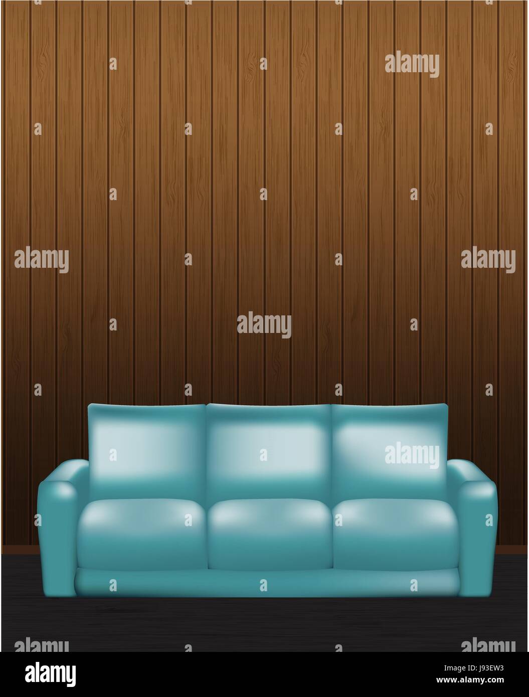 Realistische modernen blauen Sofa isoliert auf Holzwand innen Hintergrund Vektor-Illustration. Stock Vektor