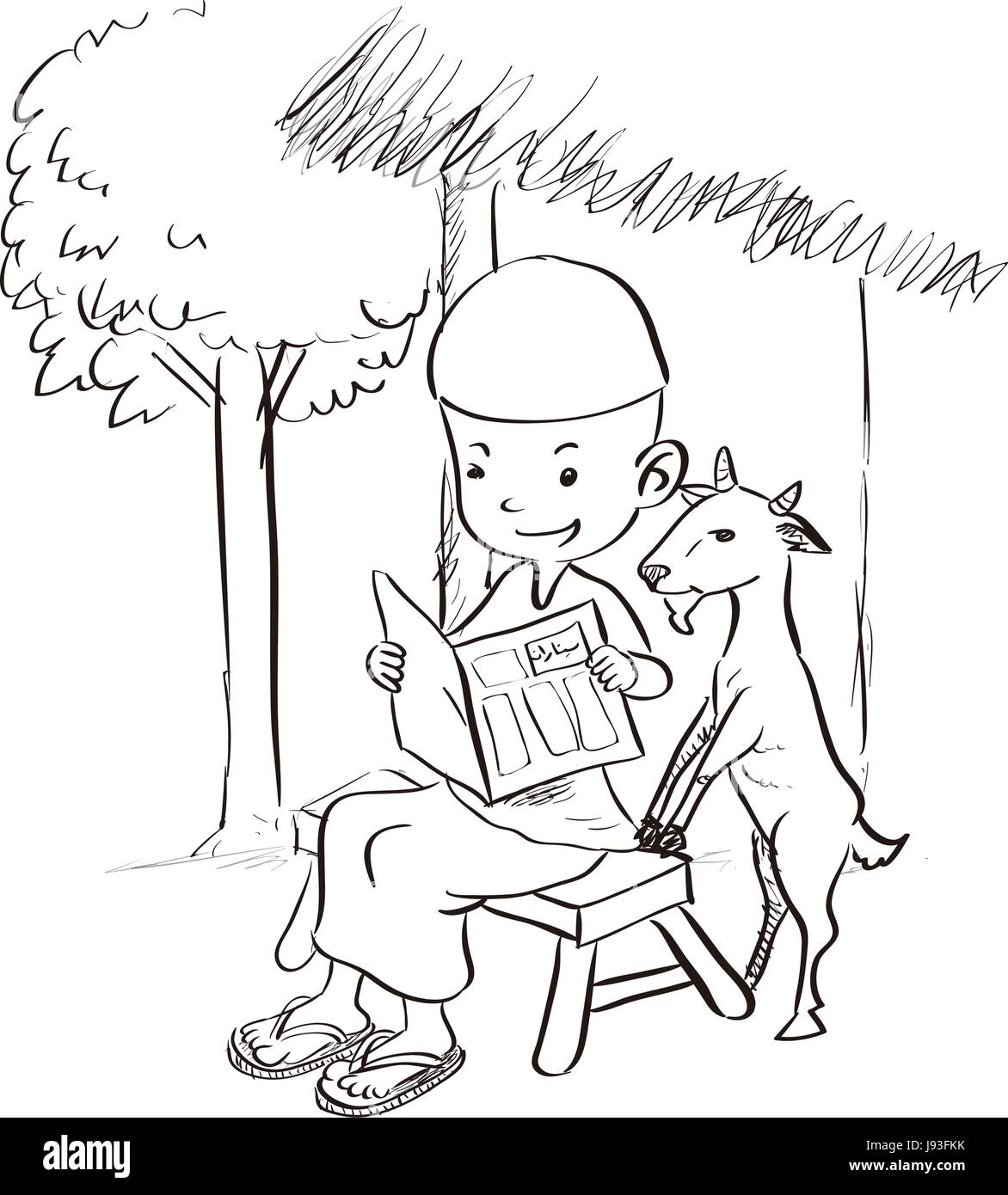 Niedlichen muslimischen jungen sitzen ein Buch mit einer Ziege. Handgezeichnete Cartoon-Skizze-Vektor-illustration Stock Vektor