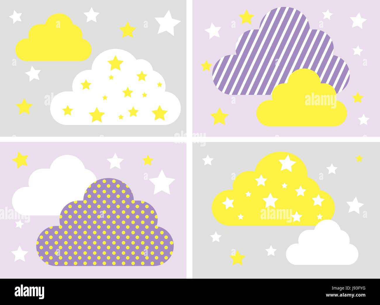 Satz von Hintergrund mit Nachthimmel. Sterne und Wolken in der Farbe von gelb, grau, weiß und lila. Vektor-Illustration Stock Vektor