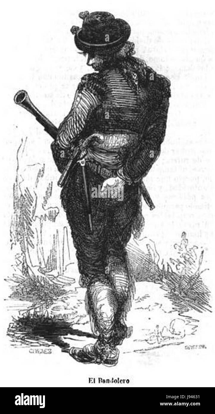 Dieses Bild mit dem Titel „El Bandolero“ zeigt eine Szene aus der spanischen Geschichte, die möglicherweise mit der Zeit der spanischen Kolonialherrschaft in Zusammenhang steht, mit einer Banditenfigur, die als „Bandolero“ bekannt ist. Stockfoto
